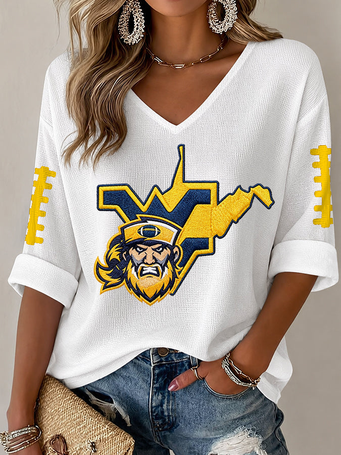 Women'S Rugby Patterned Waffle V-Neck Top