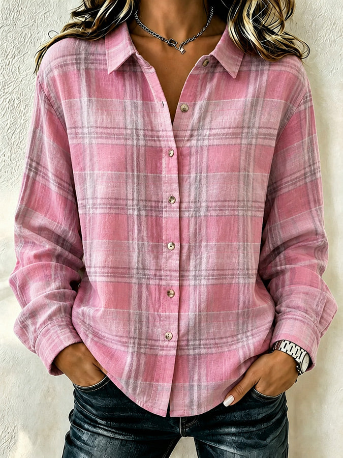 Women's Pink Plaid Print Lapel Long Sleeve Shirt