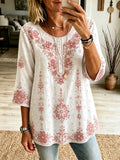 Women's Lace Floral Print Linen Shirt with Three-Quarter Sleeves