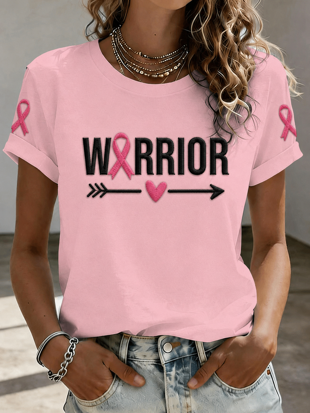 Women Warrior Pink Ribbon Breast Cancer Awareness T-Shirt