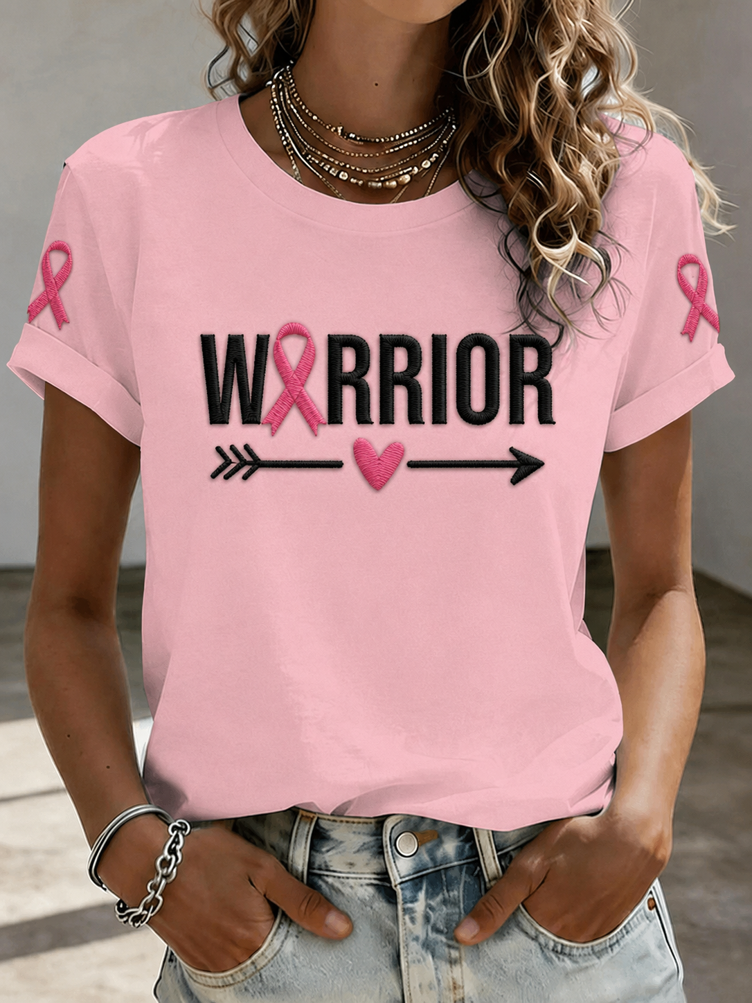 Women Warrior Pink Ribbon Breast Cancer Awareness T-Shirt