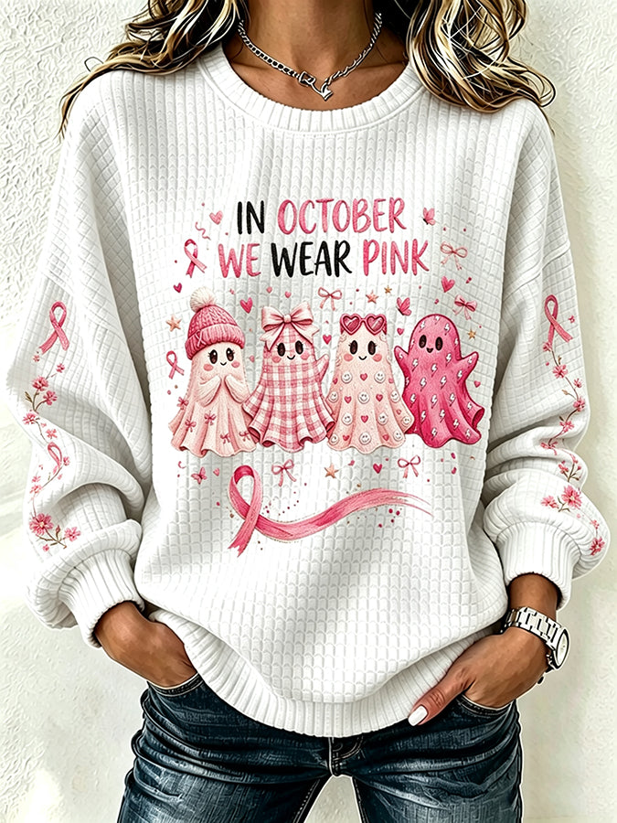 Women's Breast Cancer Print Crew Neck Check Sweatshirt