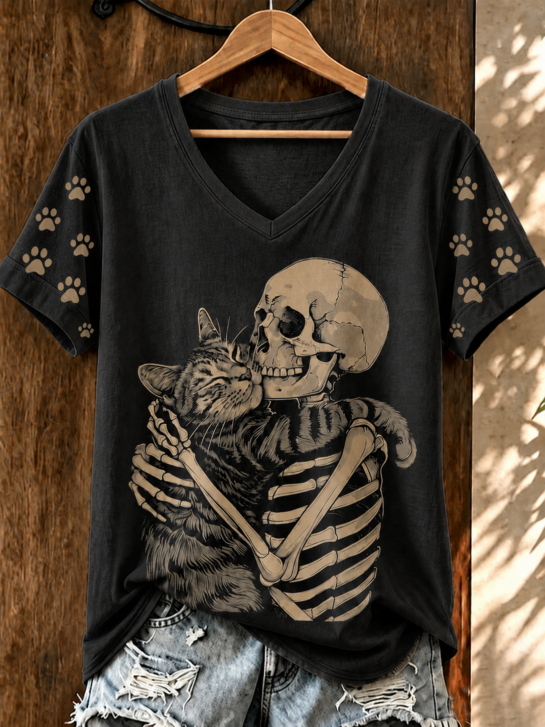 Women'S Cat Skull Printed Casual V-Neck T-Shirt