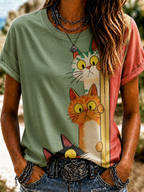 Women'S Cute Cat Art Printed Round Neck T-Shirt