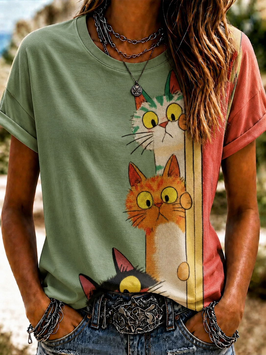 Women'S Cute Cat Art Printed Round Neck T-Shirt