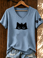 Women'S Heartbeat Cat Printed V-Neck T-Shirt