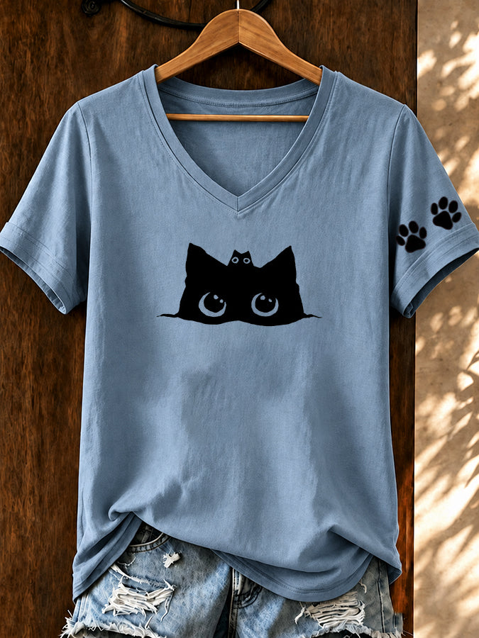 Women'S Heartbeat Cat Printed V-Neck T-Shirt