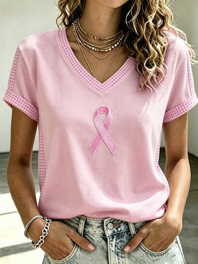 Women'S Breast Cancer Prevention And Control Publicity Print V-Neck Short Sleeve T-Shirt