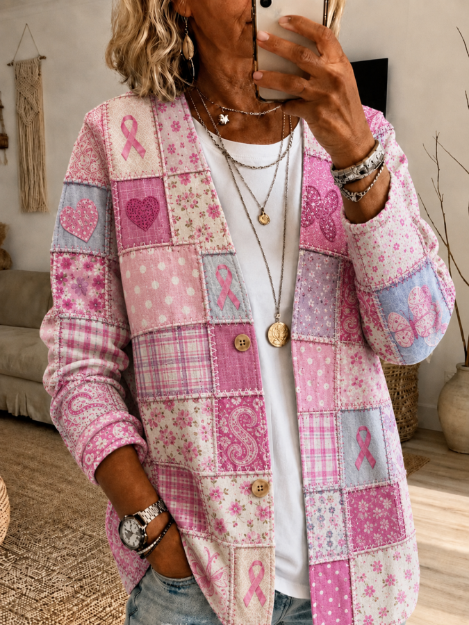 Women'S Pink Art Print Casual Cardigan