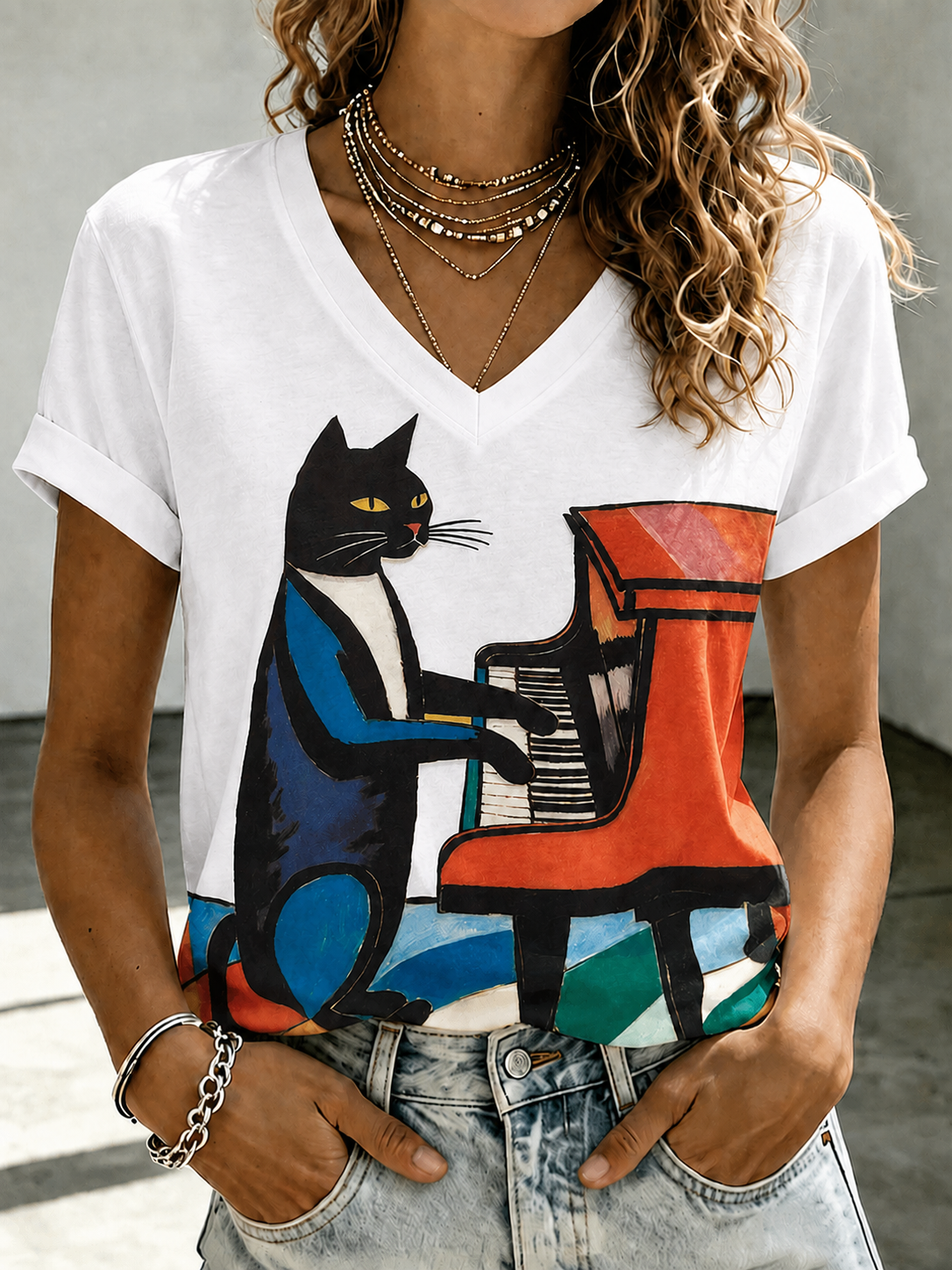 Women'S Cute Cat Printed Casual T-Shirt