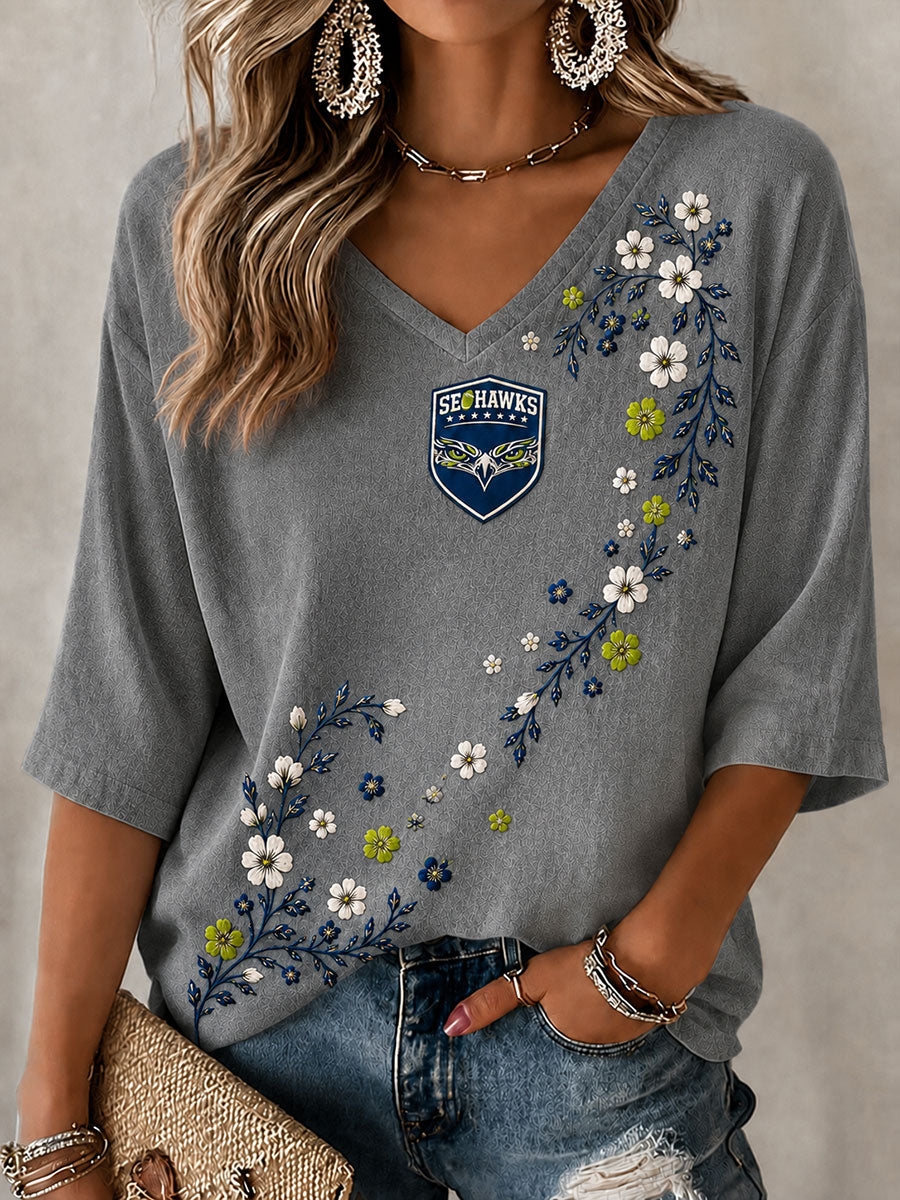 Women's American football V-Neck Three-quarter sleeve T-shirt