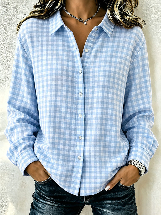 Women's Pink Plaid Print Lapel Long Sleeve Shirt