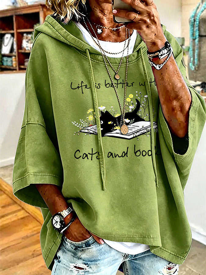 Women's Life Is Better With Cats And Books Print Sweatshirt