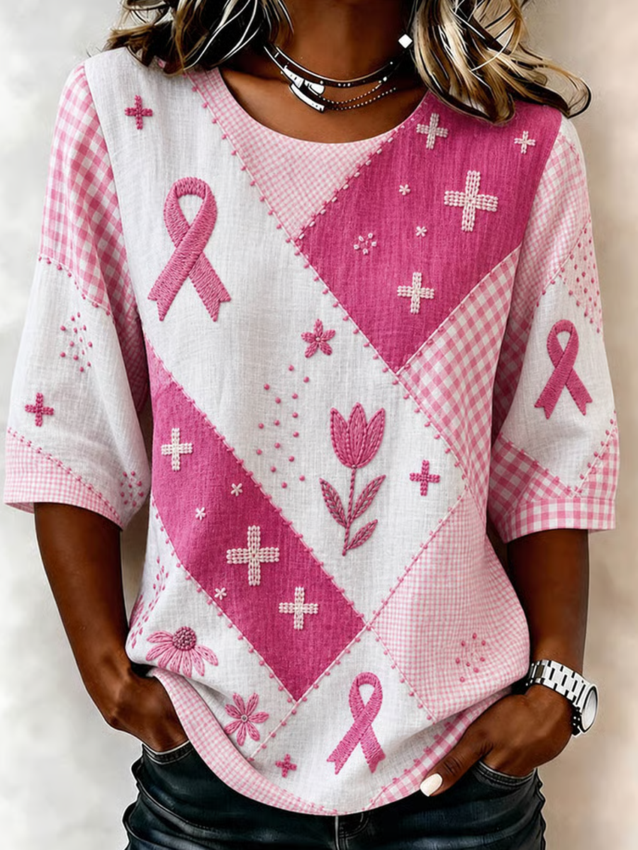 Women's Pink Plaid Patchwork Top with Pink Ribbon and Floral Embroidery