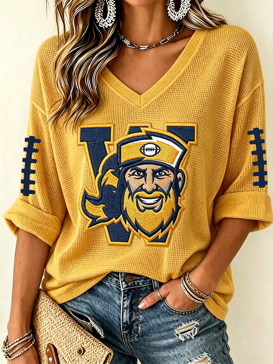 Women'S Rugby Patterned Waffle V-Neck Top