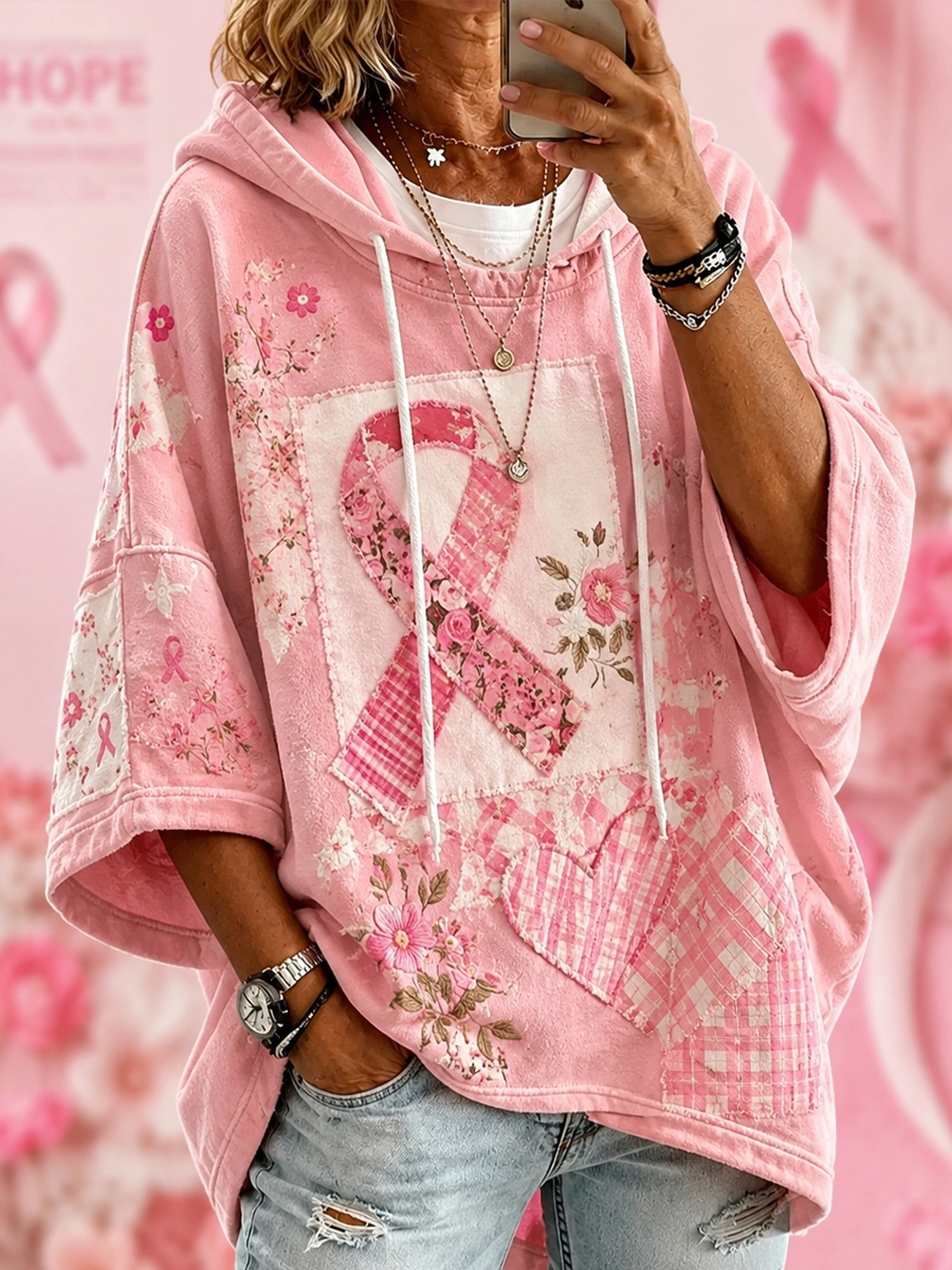 Women'S Pink Art Printed Loose Hooded Sweatshirt