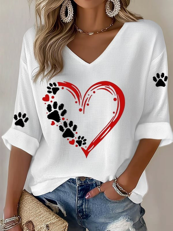 Women'S Paw Heart Print Casual Waffle T-Shirt