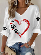 Women'S Paw Heart Print Casual Waffle T-Shirt
