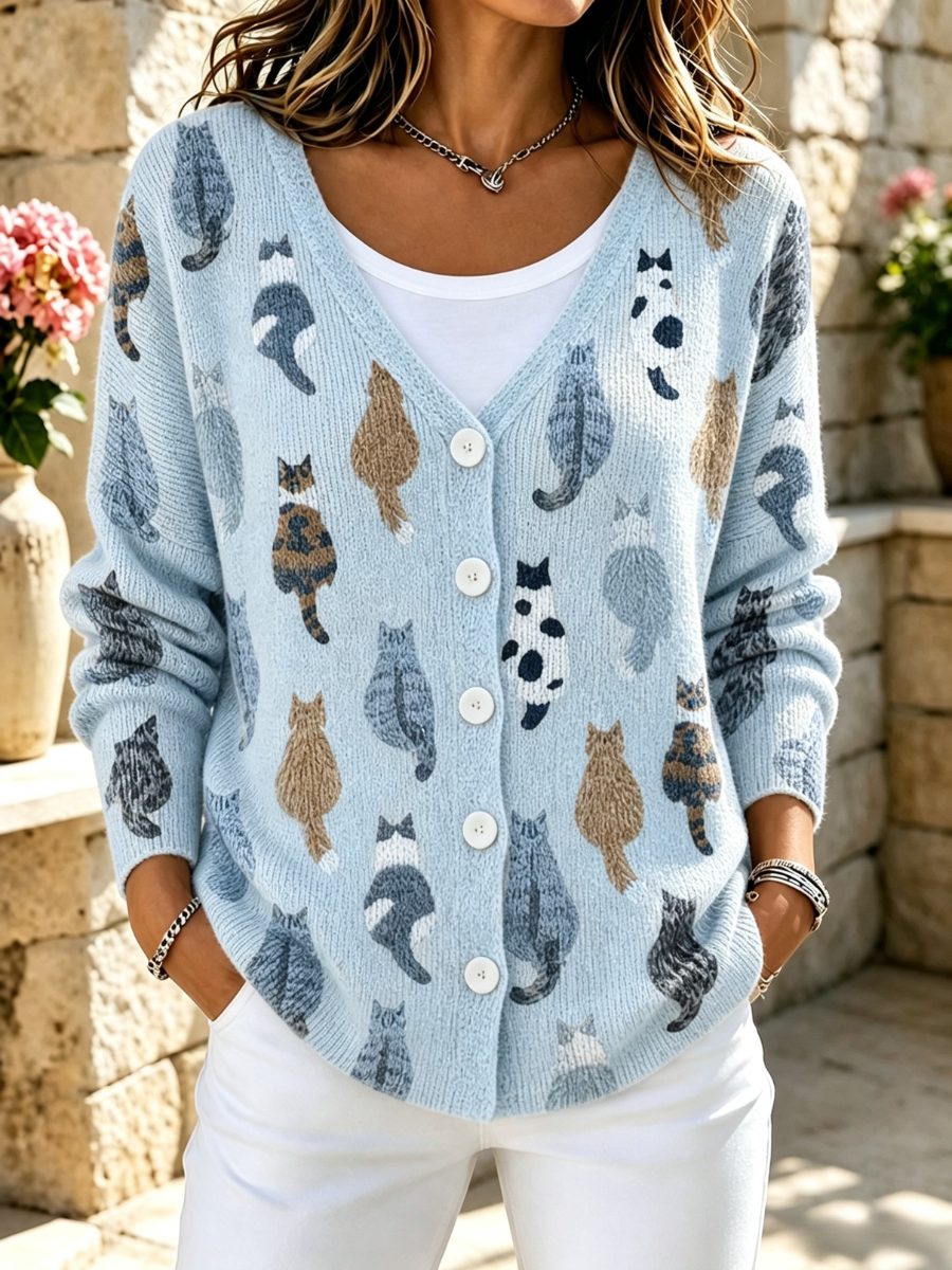 Women's Animals Cat Printed Fashion Long Sleeved Cardigan