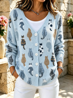 Women's Animals Cat Printed Fashion Long Sleeved Cardigan