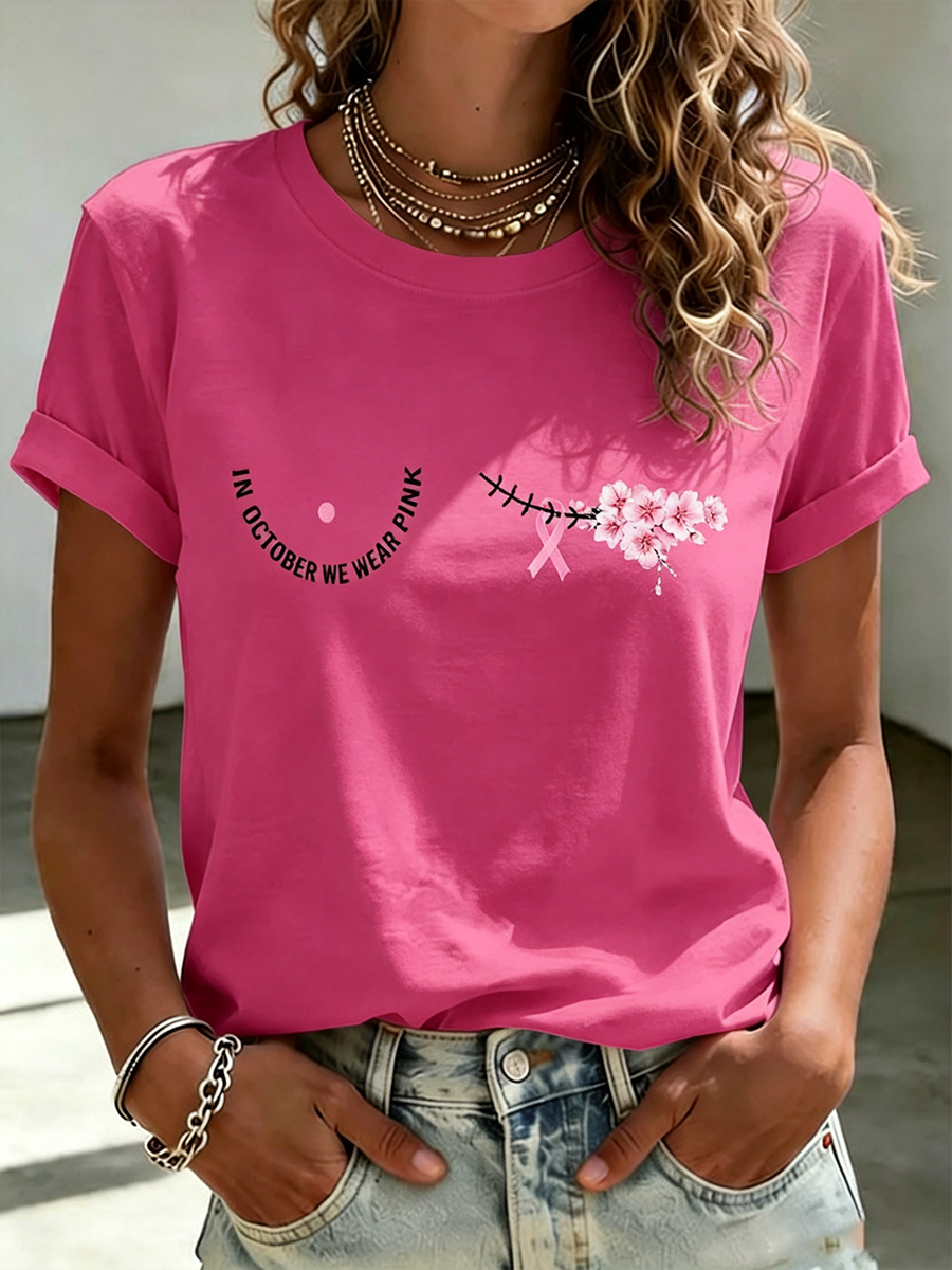 Women's Casual Breast Cancer Awareness Printed T-Shirt