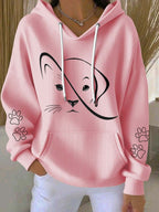 Women'S Cute Cat And Dog Print Hooded Knitted Long Sleeved Sportswear