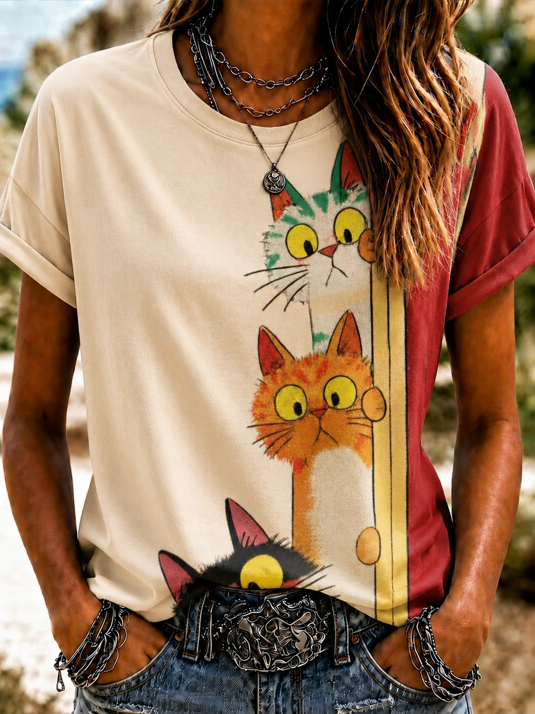Women'S Cute Cat Art Printed Round Neck T-Shirt
