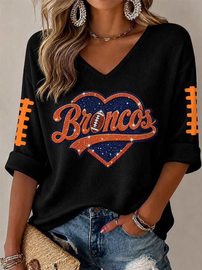 Women'S Rugby Patterned Waffle V-Neck Top