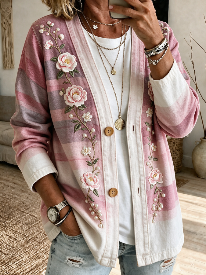 Women'S Pink Art Print Casual Cardigan