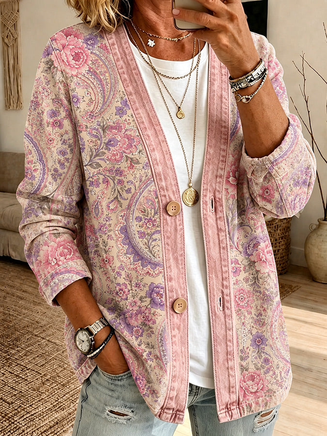 Women'S Casual Pink Floral Cardigan Top