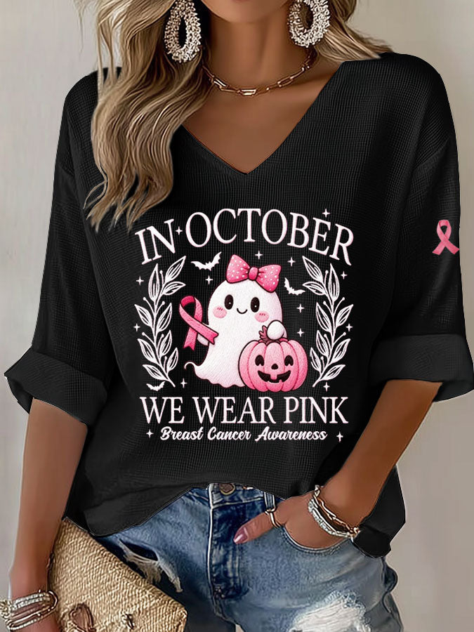 Women'S In October We Wear Pink Print Waffle  Top
