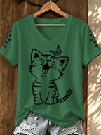 Women'S Cat Printed V-Neck T-Shirt