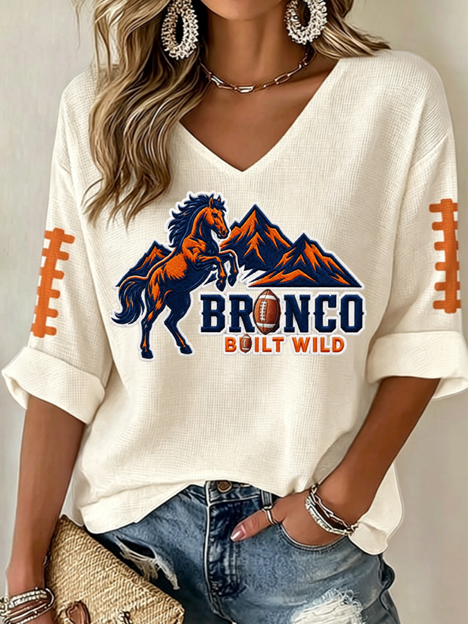 Women'S Rugby Patterned Waffle V-Neck Top