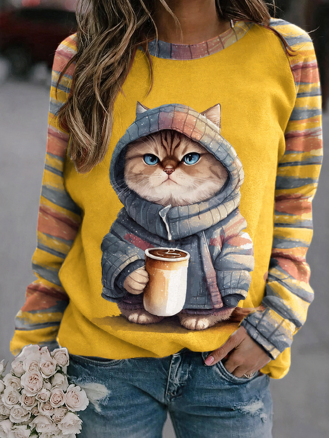 Women's retro cat art printed round neck shoulder sweatshirt