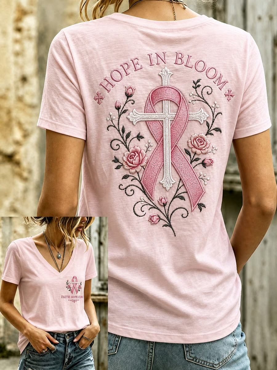 Women's Breast Cancer Awareness Pink Ribbon Print Short-Sleeve T-Shirt