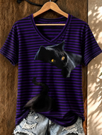 Women'S Cute Cat Printed Casual V-Neck T-Shirt