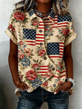 Women'S Cotton And Linen Button Design Casual American Independence Day 250Th Anniversary Short Sleeved Summer Top