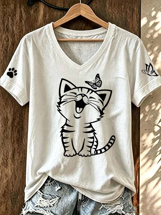 Women'S Fun Cat Simple Printed T-Shirt
