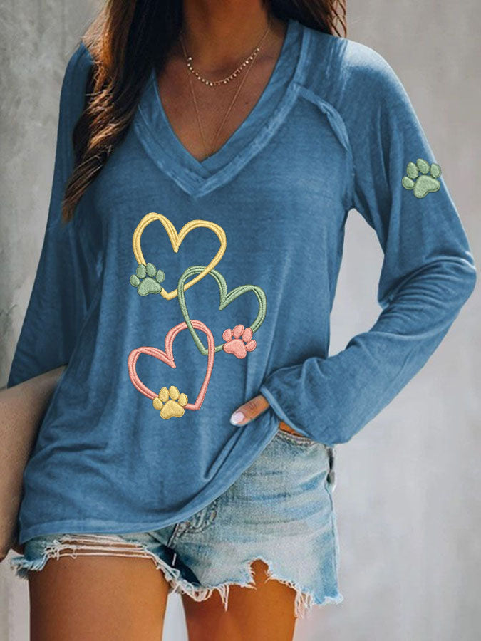 Women's Heart Paw Print Long Sleeve T-shirt