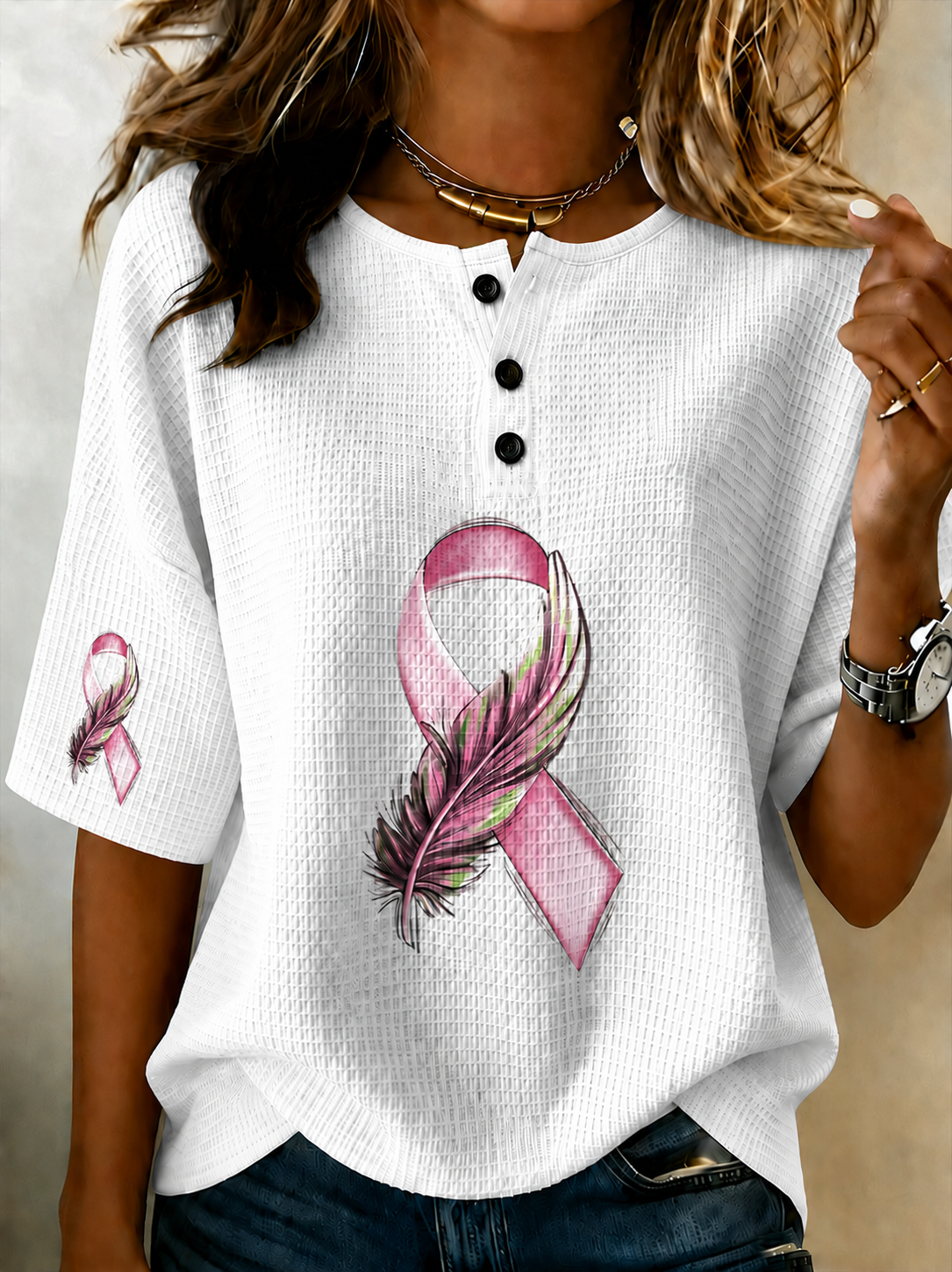 Women'S Breast Cancer Awareness Print Henry Neck Short Sleeve Waffle T-Shirt
