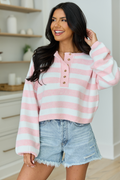 Gillian Pink And Ivory Striped Henley Knit Sweater FINAL SALE