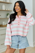 Gillian Pink And Ivory Striped Henley Knit Sweater FINAL SALE