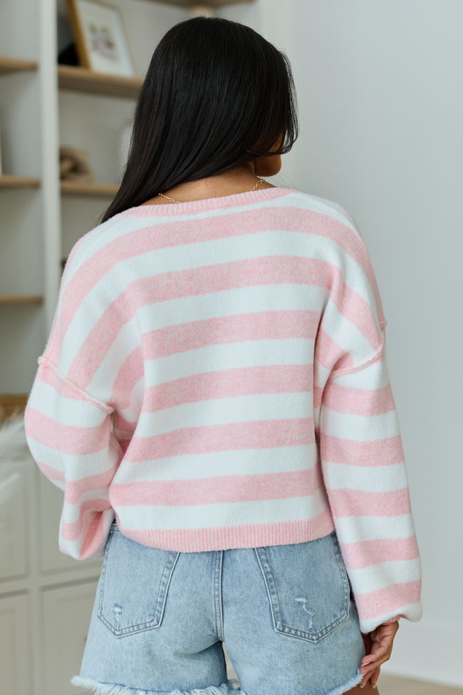 Gillian Pink And Ivory Striped Henley Knit Sweater FINAL SALE
