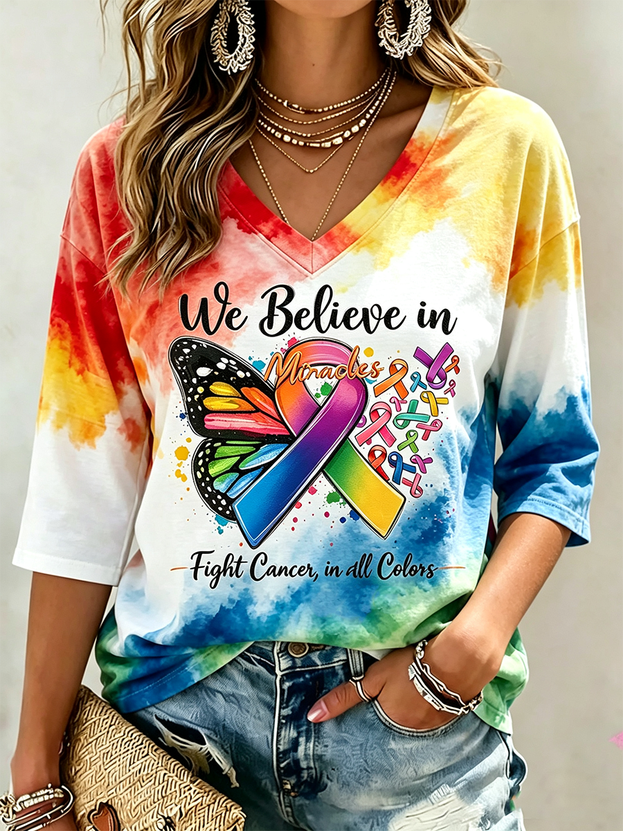 Women's Fight Cancer In All Colors Cancer Awareness Print T-shirt