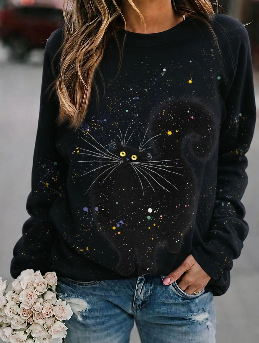 Women'S Casual Black Cat Art Printed Sports Shirt