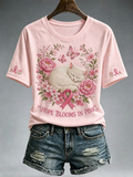 Women's Gentle Pink Peony Cat Breast Cancer Ribbon Casual T-shirt