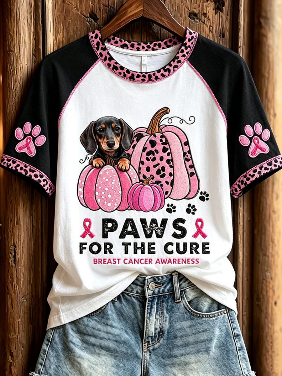 Women's Paws for the Cure Breast Cancer Awareness Dachshund & Pink Pumpkins Print short-sleeved T-shirt