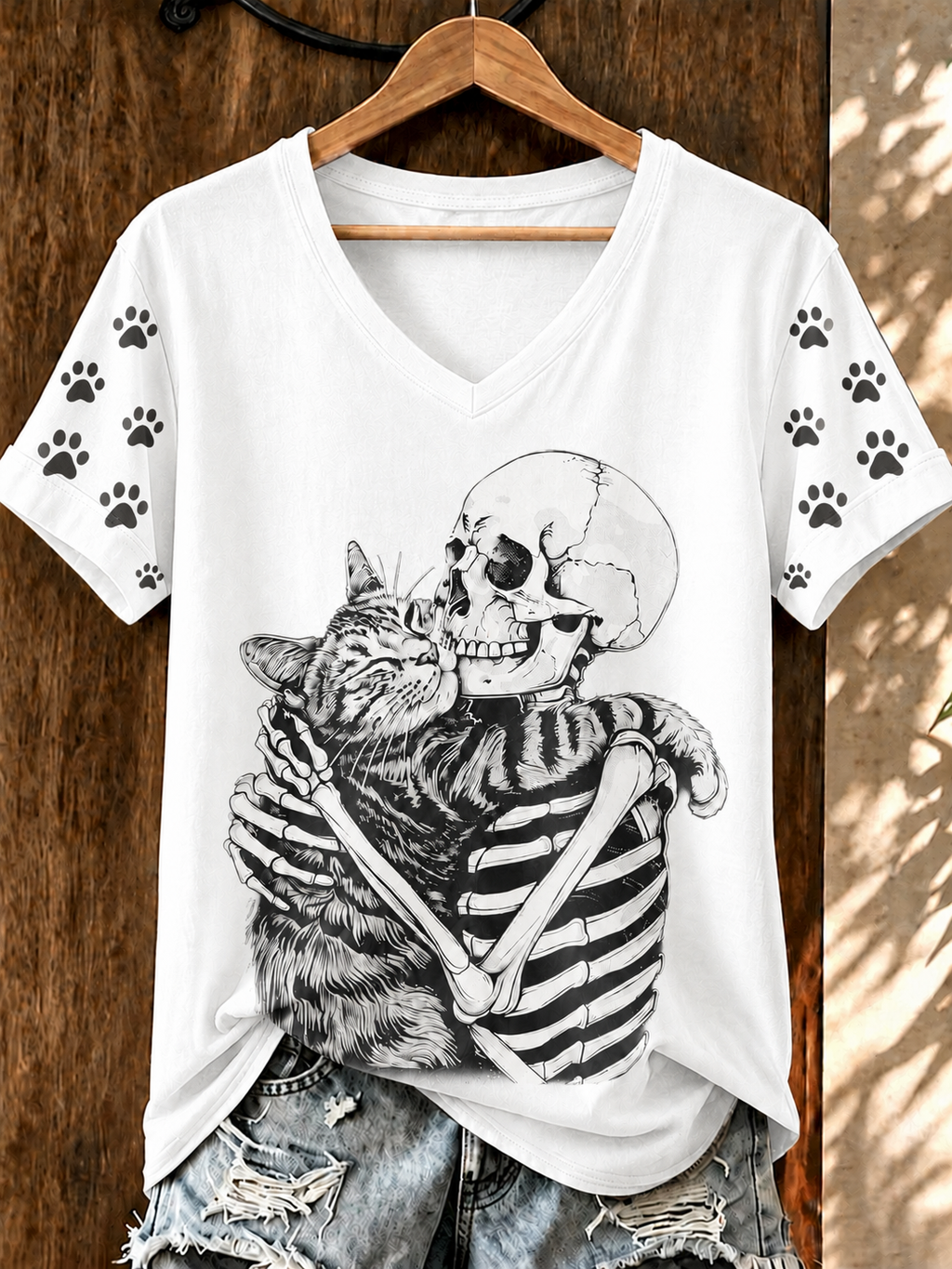 Women'S Cat Skull Printed Casual V-Neck T-Shirt