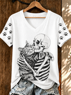 Women'S Cat Skull Printed Casual V-Neck T-Shirt