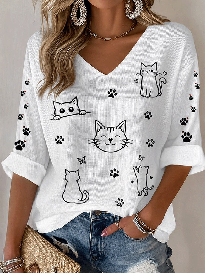 Women's Line Art Cat Paw Print V Neck Waffle Blouse
